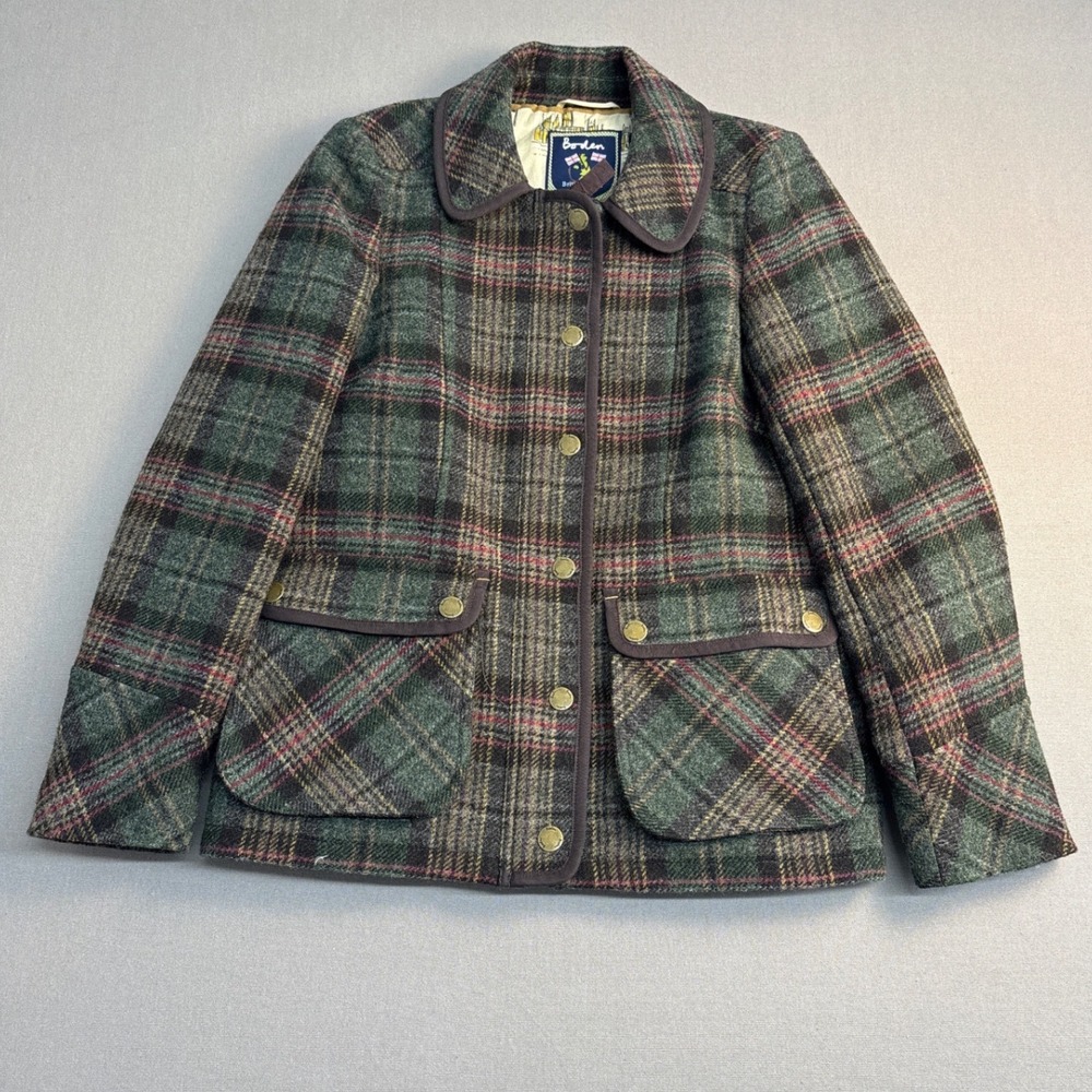 Boden British Tweed by Moon Wool Plaid Jacket Green Brown US 4 WE351